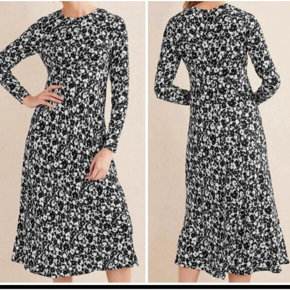 Boden Crew Neck Midi Tea Dress in Black Bloom Silhouette NWOT Size US 4P - Picture 2 of 12